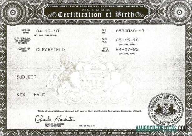 Certidão de Nascimento do Departamento de Saúde da Comunidade da Pensilvânia dos Estados Unidos amostra